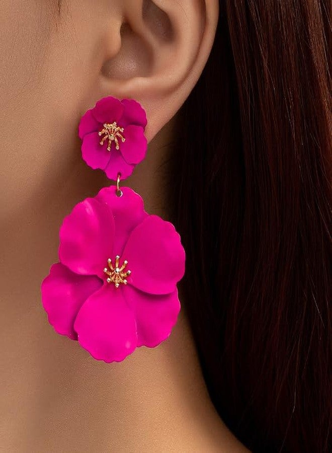 ZENCHEER Flower Clip On Earrings - Floral Petal Drop Earrings Statement Hypoallergenic Flower Stud Earring for Women Wedding Jewelry Gifts (Hot Red) - Image 4